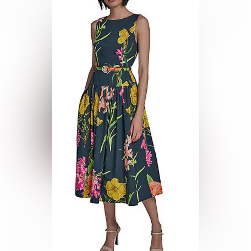 New Karl Lagerfeld Navy Floral Sleeveless Fit-and-Flare Dress size 10 - Picture 8 of 16